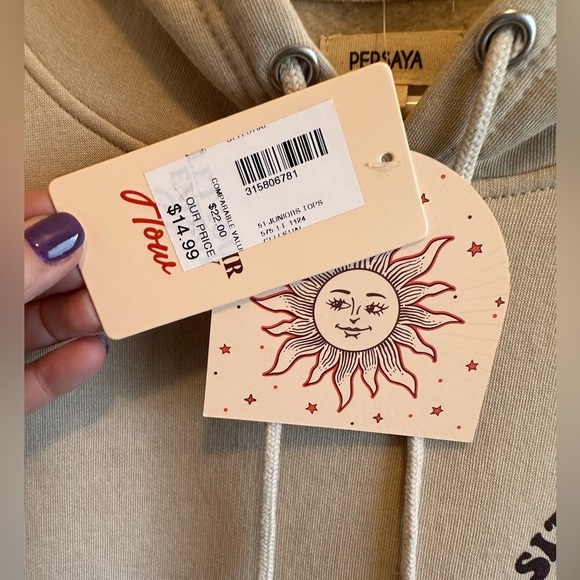 Persaya NWT Juniors Large Celestial Hooded Tan Sweatshirt Kangaroo Pouch Pocket - Picture 12 of 12